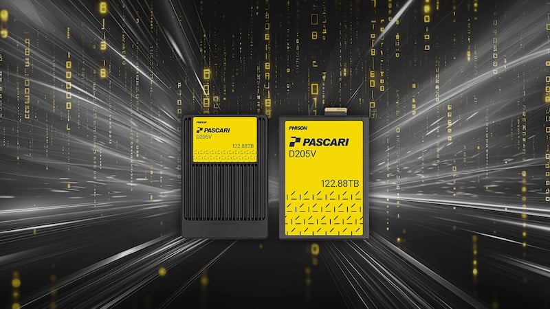 Phison Pascari D-Series data center-optimized SSDs in front of
stylized image of high-speed data transfer