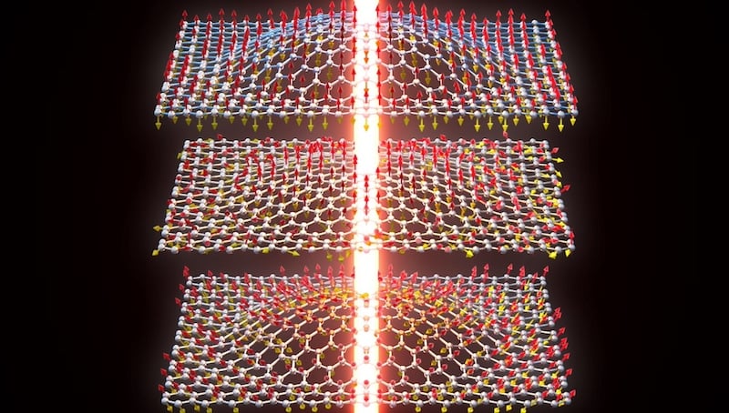 Rendering of nanodrums vibrating in response to laser light