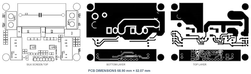Figure 5. PCB layout: silk screen top, bottom layer, and top layer.
Dimensions: 68.90 × 52.07 mm.