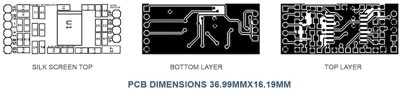 Figure 4. PCB layout showing the silkscreen, top layer, and bottom
layer. Board dimensions are 36.99 mm x 16.19 mm.
