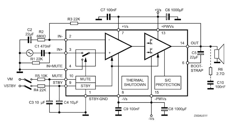 Figure 2. Typical application and test circuit for the TDA7296,
showing the mute/standby switching and protection blocks. Image used courtesy of
STMicroelectronics.