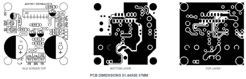 Figure 5. PCB layout for the 60W Class-AB Audio Amplifier, showing
silk screen, top layer, and bottom layer.