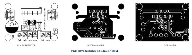 Figure 5. PCB layout for the Dual 38W Power Amplifier, showing silk
screen, top layer, and bottom layer.