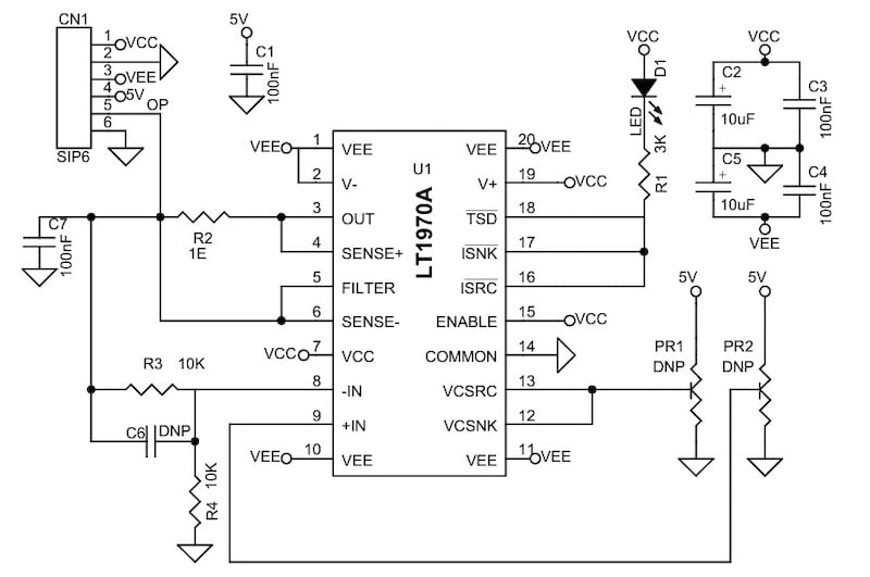 Figure 3. Schematic of the 500mA Power Op Amp Breakout Board.