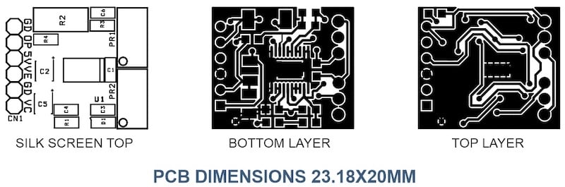 Figure 5. PCB layout for the 500mA Power Op Amp Breakout Board,
showing silk screen, top layer, and bottom layer.