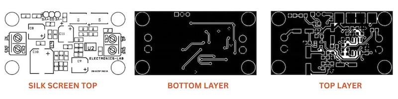 Figure 4. PCB layout: top silk screen, bottom copper layer, top copper
layer.