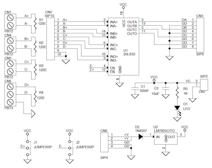 Figure 3. AM26LS32 quadruple differential line receiver module
schematic.