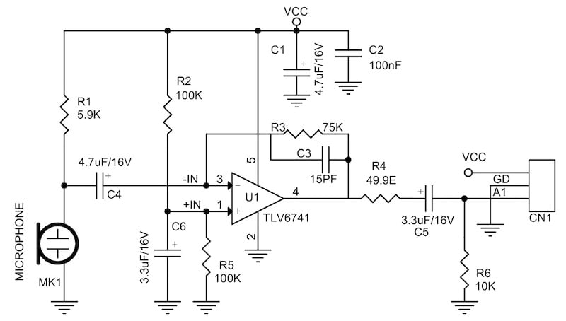 Figure 2. Schematic of the Microphone Amplifier, 5V Supply circuit,built around the TLV6741 transimpedance amplifier.