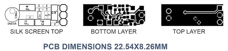 Figure 3. PCB layout for the Microphone Amplifier, 5V Supply, showingthe top silkscreen, bottom layer, and top layer. Board dimensions are 22.54 mm x8.26 mm.