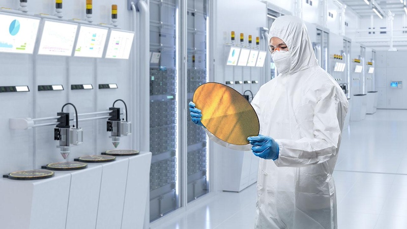 <em>Wafer foundry worker inspects a semiconductor wafer inside a cleanroom.</em>