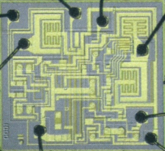 Silicon die of the first 555 chip in 1971