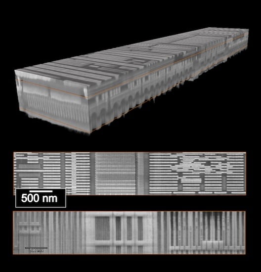 Precision 2D cross-sectioning targets features deep below the
surface—TSVs under 5 µm in diameter, bisected across the entire DRAM stack.