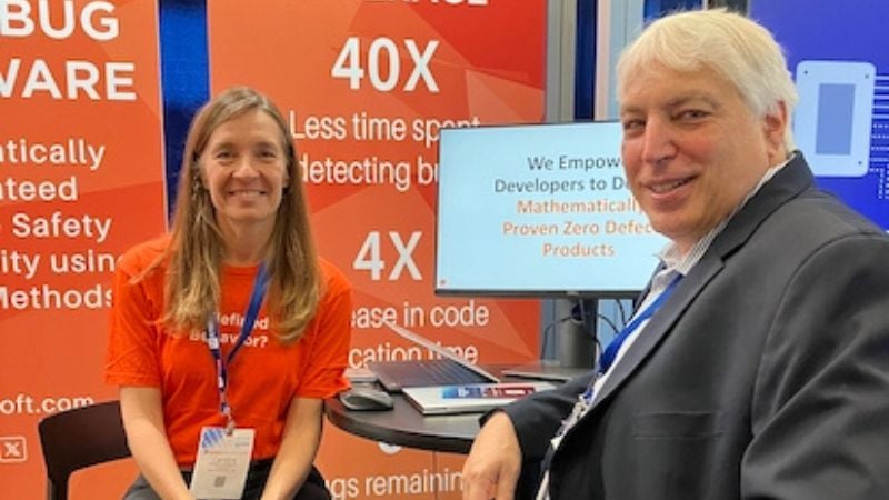 TrustInSoft CEO Caroline Guillaume (left) with All About Circuits' editor-in-chief Jeff Child at the 2024 Embedded World North America in Austin, Texas. 