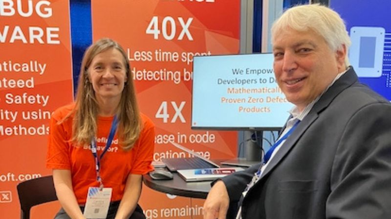 TrustInSoft CEO Caroline Guillaume (left) with All About Circuits' editor-in-chief Jeff Child at the 2024 Embedded World North America in Austin, Texas.