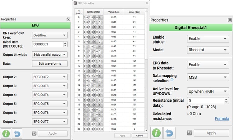 Configuration of the EPG and digital rheostat RH1.