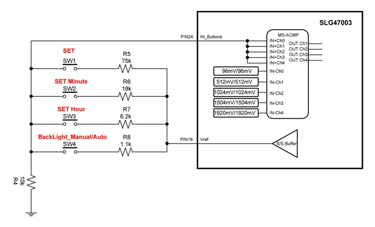 Part of the circuit responsible for processing clock control button presses.