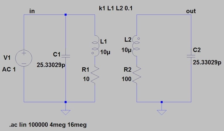 LTspice schematic for examining the Foster-Seeley discriminator's phase network.