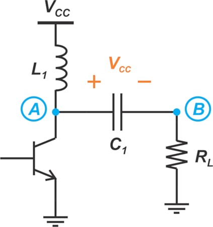 Circuit diagram of an inductively-loaded common-emitter amplifier. Polarity changes across the capacitor.