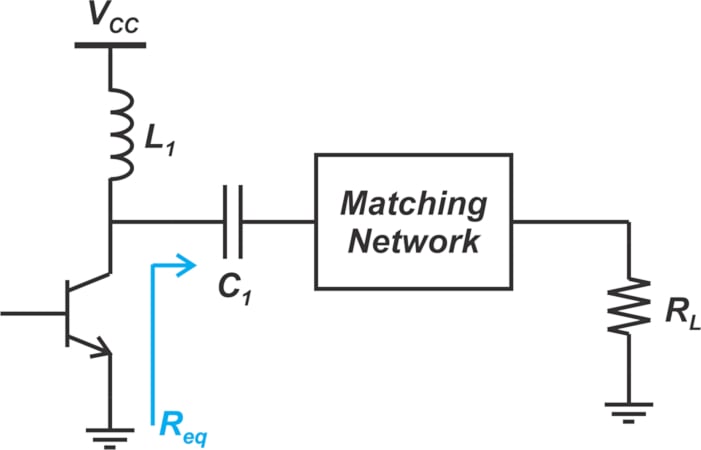 Circuit diagram of an inductively-loaded common-emitter amplifier that includes a matching network.
