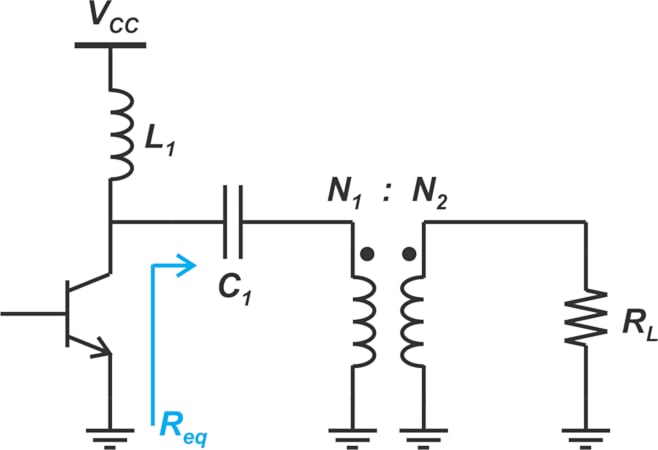 Diagram of an inductively-loaded common-emitter PA that includes a transformer. 