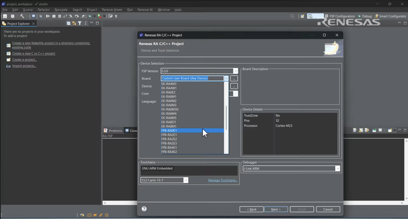 Selecting the FPB-RA0E1 board with FSP 5.5.0 in the e² studio new project wizard.