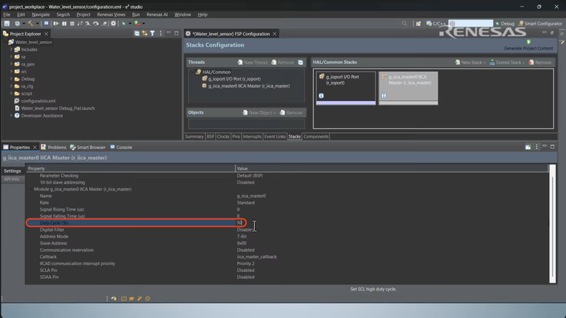 Setting the duty cycle to 50% in the IICA master stack properties.
