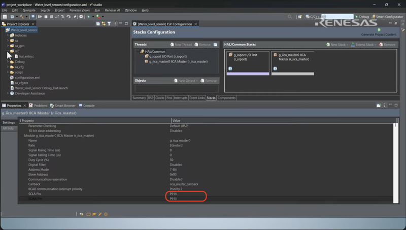 Assigning the SCLA pin to P914 and the SDAA pin to P913 in the IICA master stack properties.